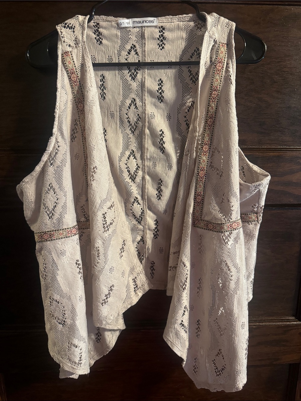 Maurices Cream Crochet Open-Front Sleeveless Cardigan with Embroidered Trim